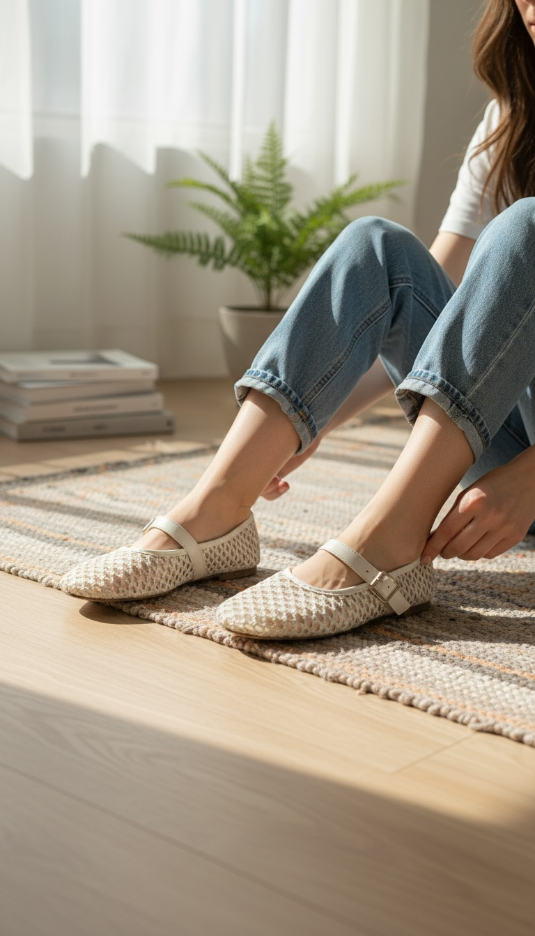 Zapatillas de Mesh Con Hebilla, Color Cream