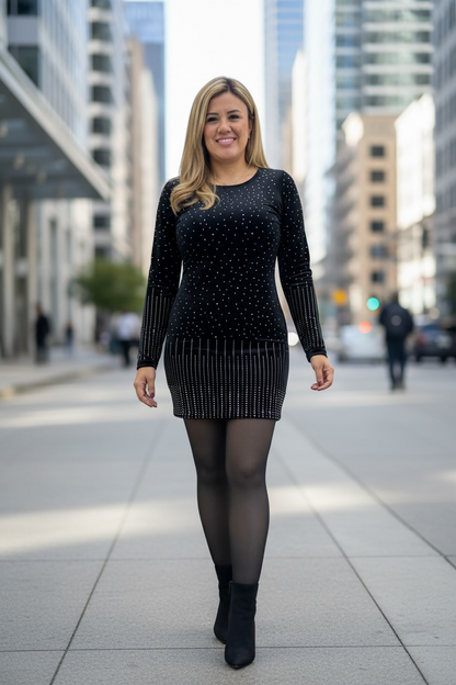 Vestido Negro en Tela de Piel de Durazno con Aplicaciones de Brillos