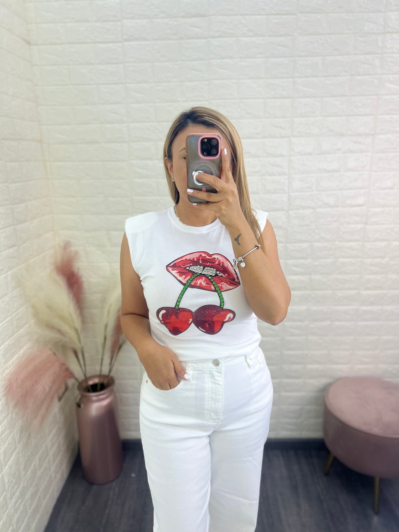 Blusa de Resaque Blanco con Hombreras Estampada Cerezas