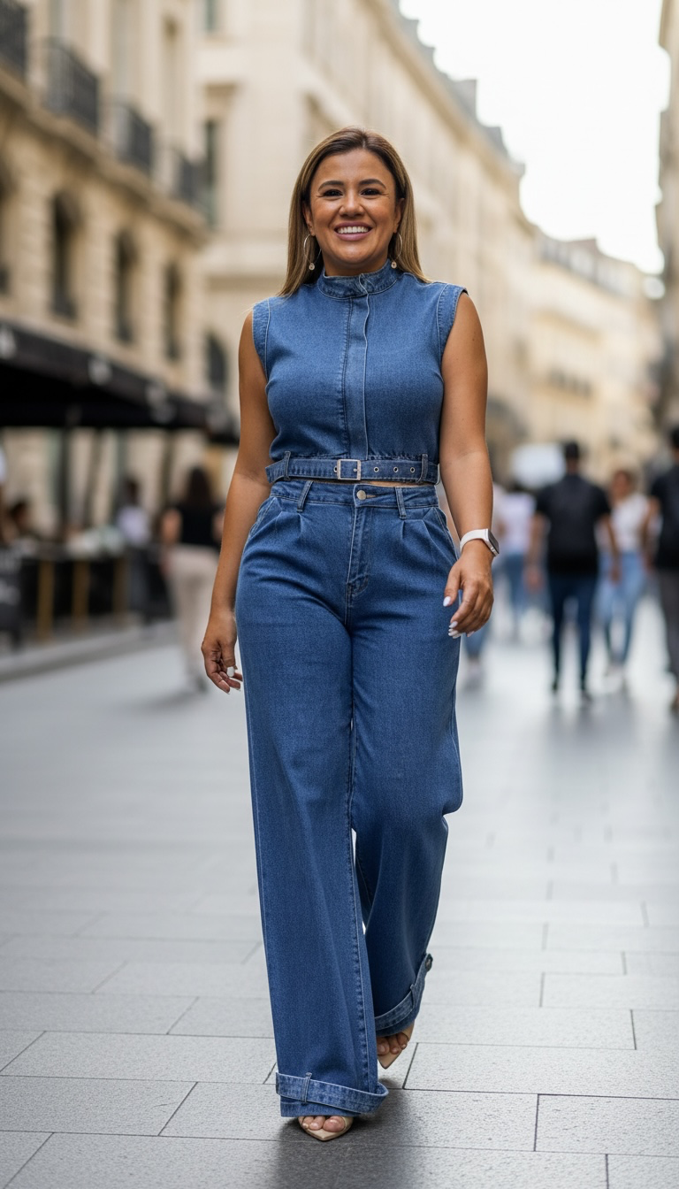 Conjunto de Mezclilla de Blusa Sin Mangas y Jeans con Presillas Decorativas