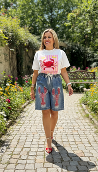 Playera Blanca de Manga Corta Estampado Cangrejo