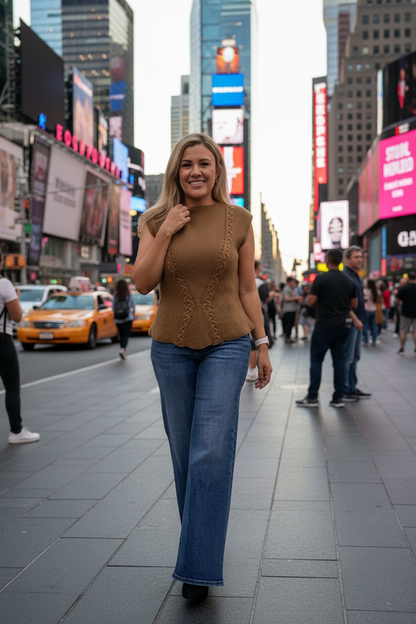 Blusa Suéter Beige Obscuro Tejida sin Mangas