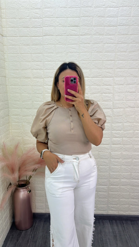 Jeans Blanco  de Mezclilla Wide Leg Flare con Encaje