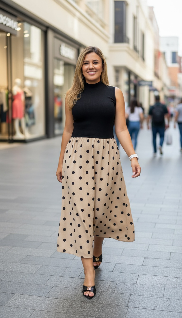 Vestido Negro con Beige y Estampado de Polka Dots