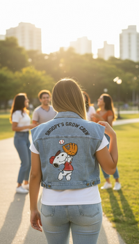 Conjunto de Mezclilla de Blusa Tipo Chaleco y Pantalón Estampado Snoopy