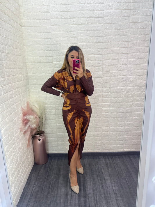 Vestido Café Estampado Flores Beige