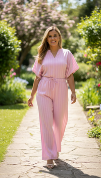 Conjunto de Blusa y Pantalón Estampados a Rayas Rosa y Lila