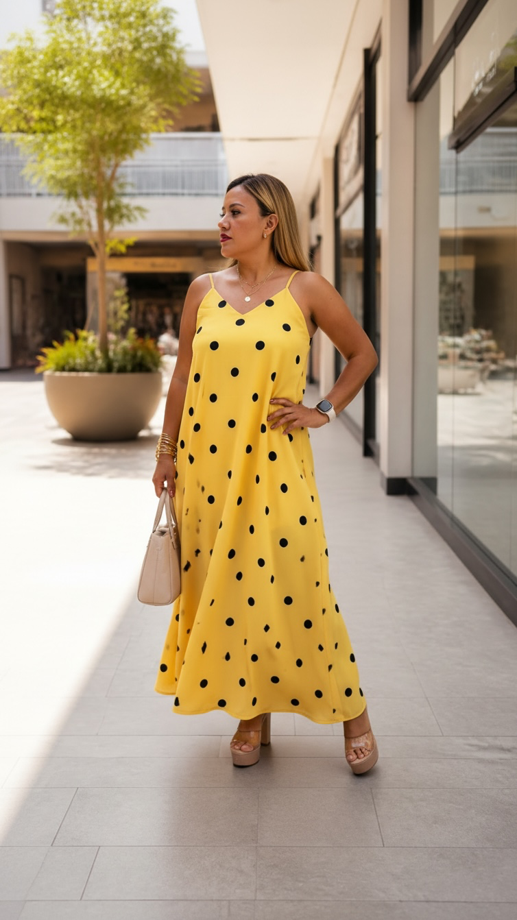 Vestido Amarillo de Tirantes con Estampado Lunares Negros