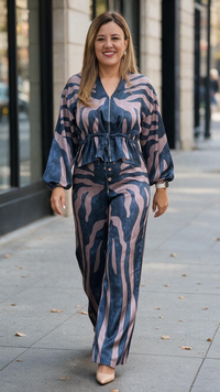 Conjunto Estampado de Blusa de Zíper con Jaretas y Pantalón de Cintura Elástica
