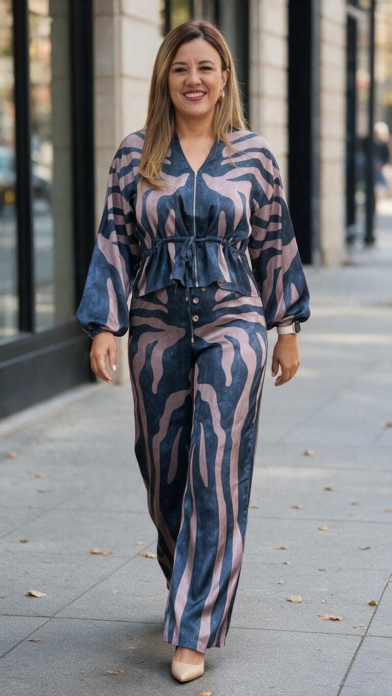 Conjunto Estampado de Blusa de Zíper con Jaretas y Pantalón de Cintura Elástica