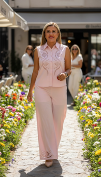 Conjunto Casual de Blusa sin Mangas y Pantalon con Bordados