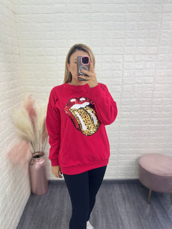 Sudadera Roja con Logo Rolling Stones en Lentejuela