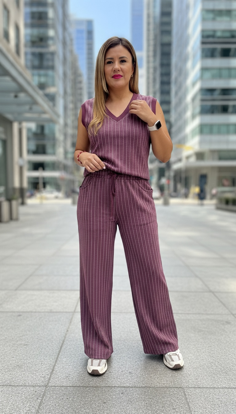 Conjunto de Chaleco Cuello V y Pants Guindos Estampados a Rayas