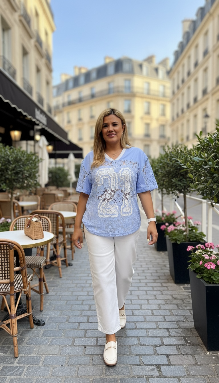 Blusa Sky Blue de Encaje de Cuello V Estampado #21