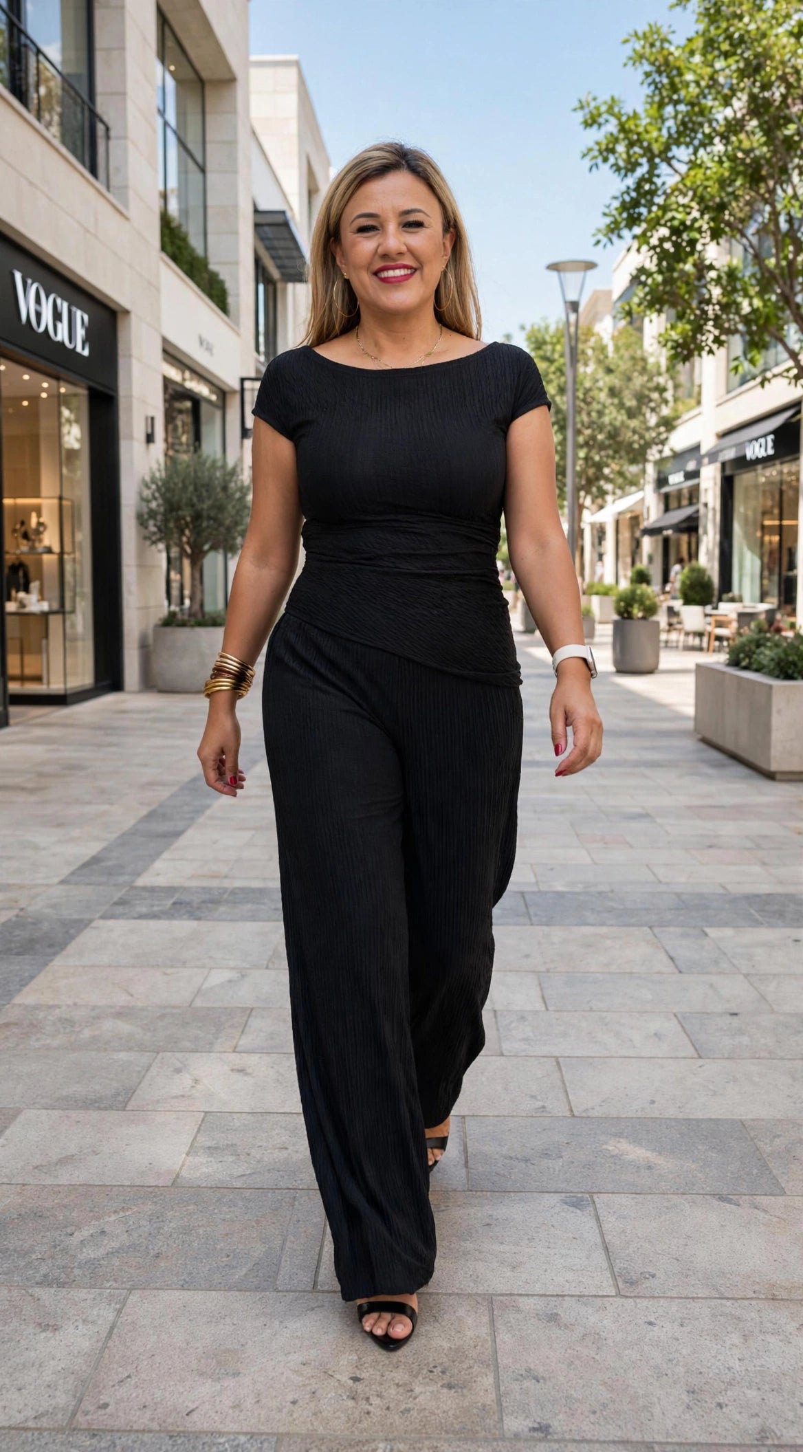 Conjunto Negro con Textura de Blusa Sin Mangas y Pantalon de Cintura Elástica