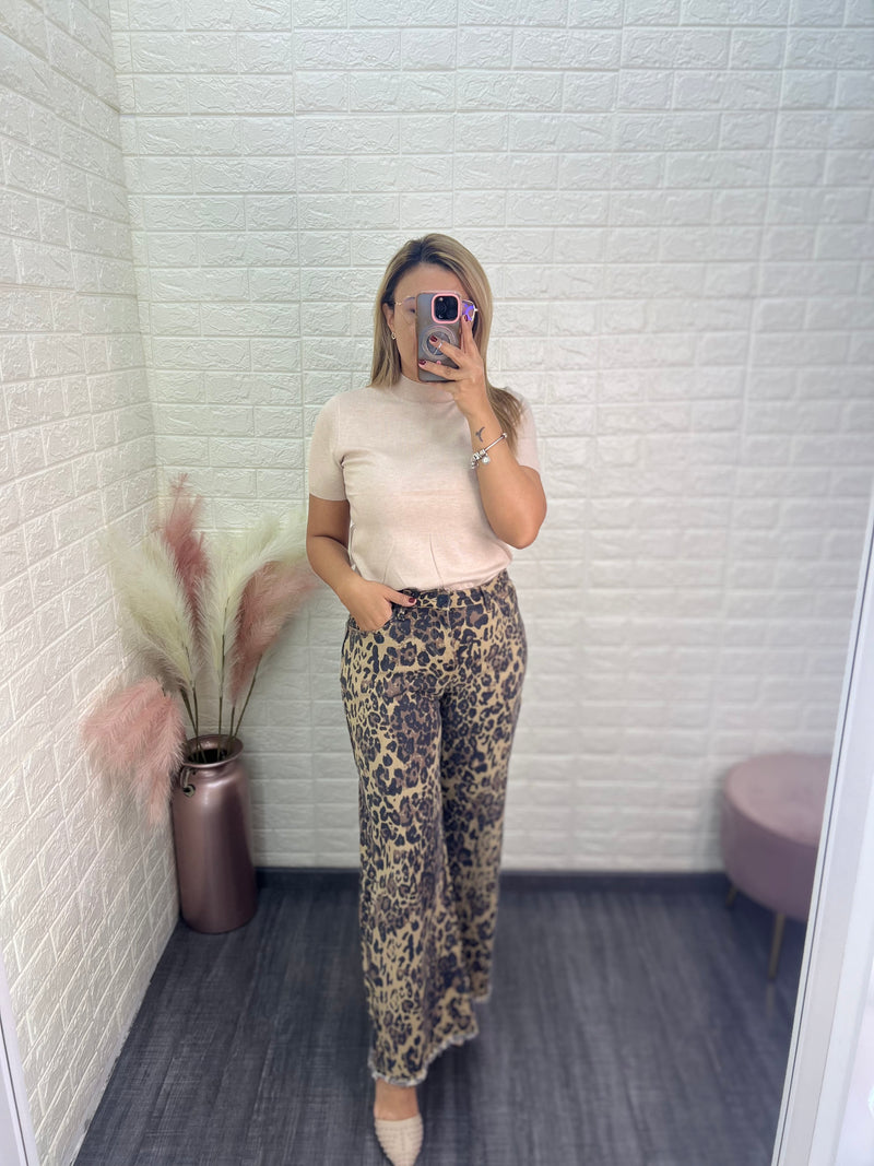 Jeans de Mezclilla Corte Wide Leg Estampado Animal Print