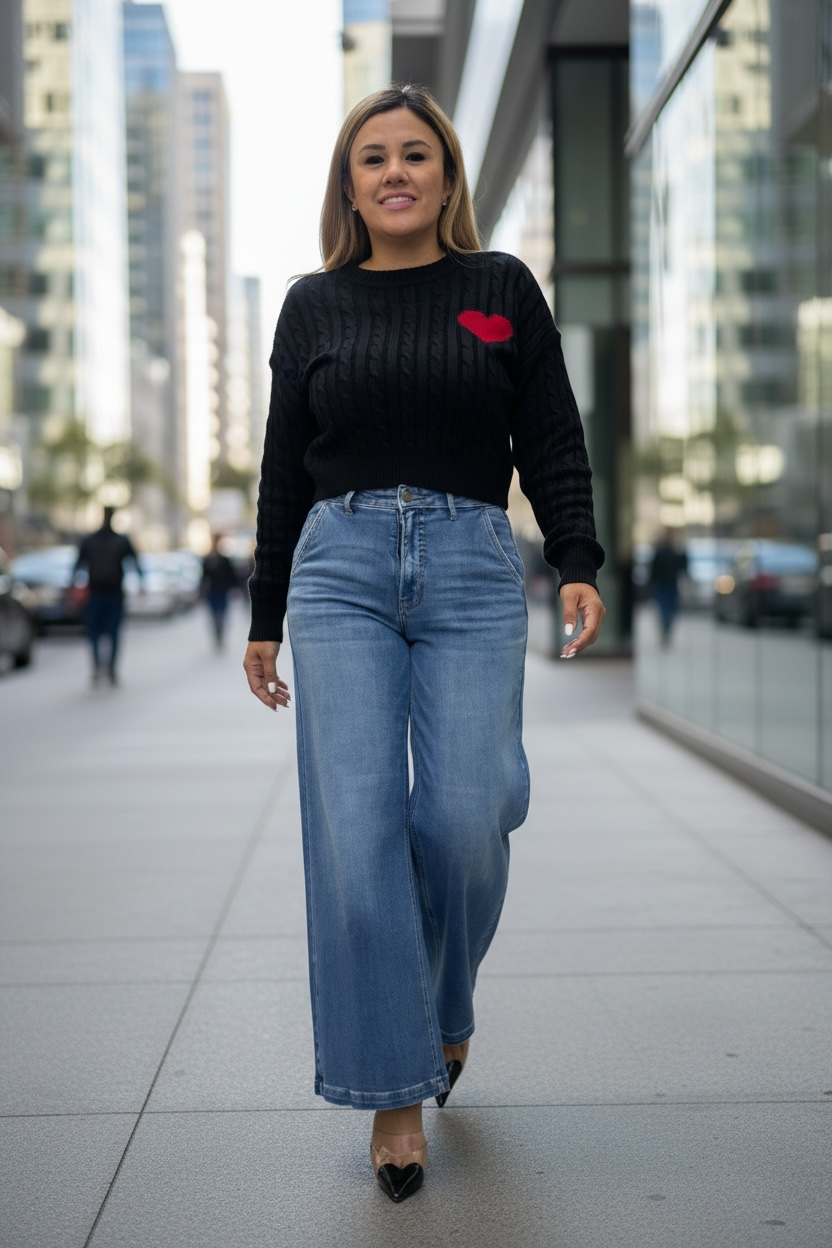 Suéter Negro con Estampado Corazon Rojo