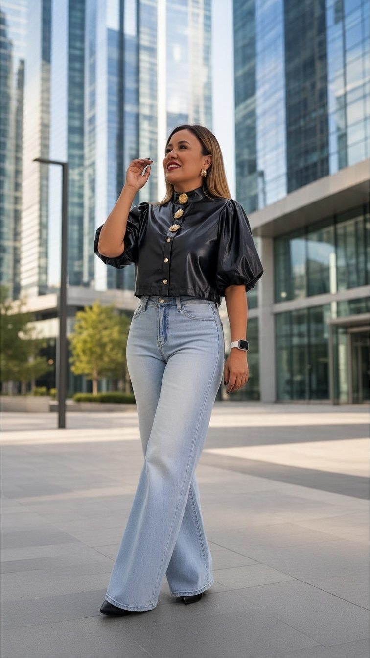 Blusa de Vinipiel con Botones Dorados en Forma de Rosa