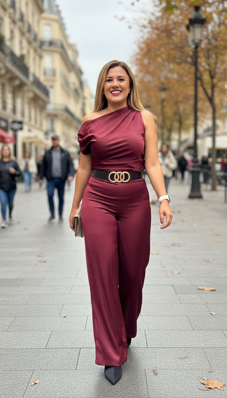 Conjunto Guindo Satinado de Blusa Straple con Pantalón Casual con Cinto