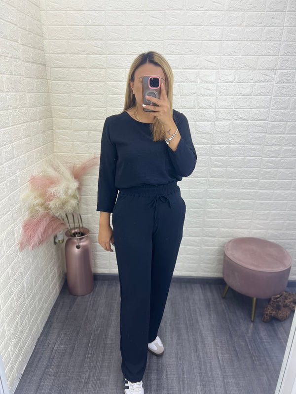 Conjunto Casual Negro de Blusa Manga 3/4 y Pantalón con Jaretas