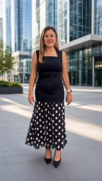 Vestido Negro Sin Mangas con Cinto y Falda Estampado de Lunares Blancos