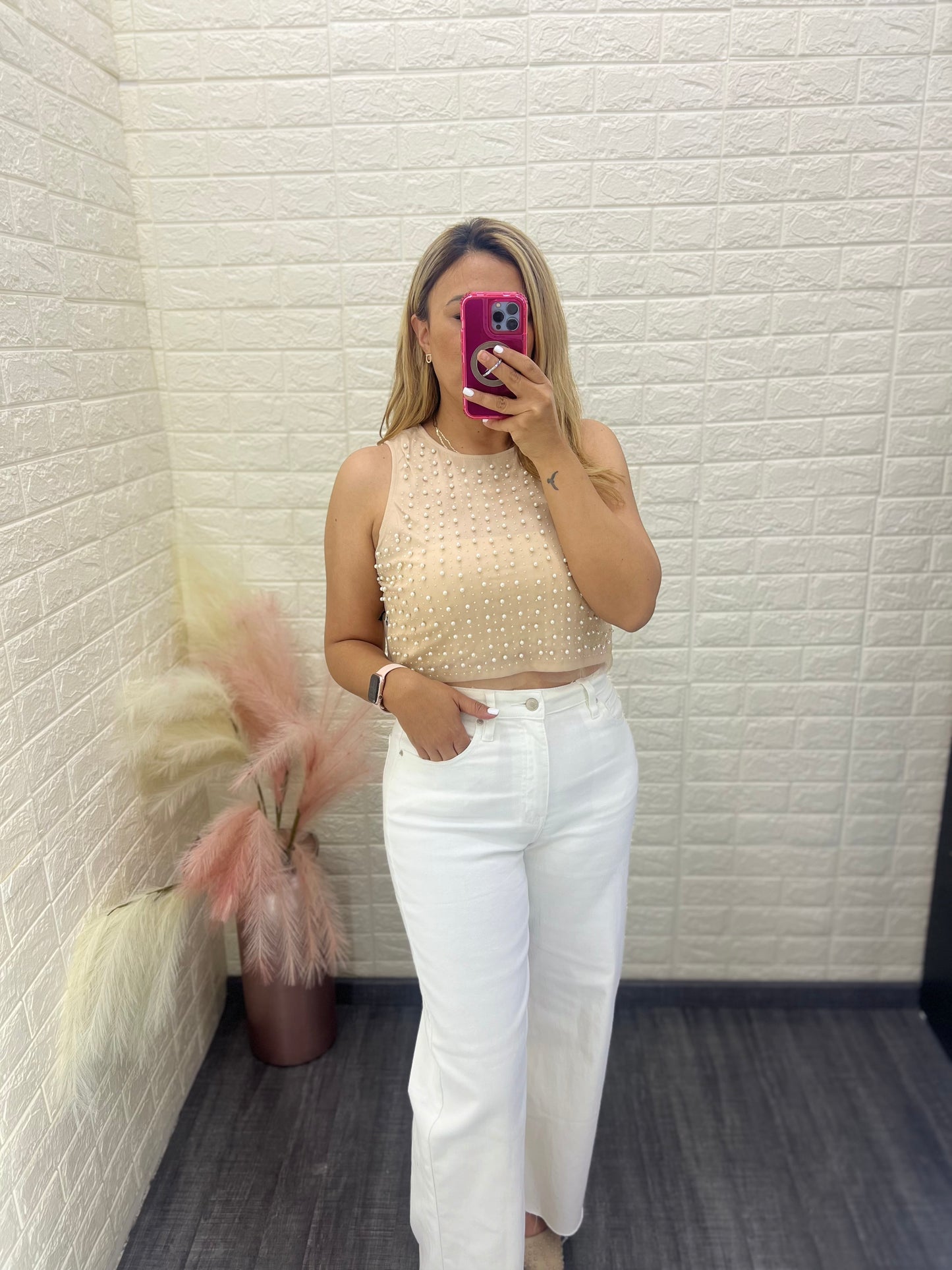 Blusa Sin Mangas de Malla con Perlas