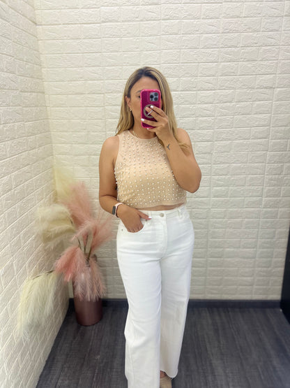 Blusa Sin Mangas de Malla con Perlas