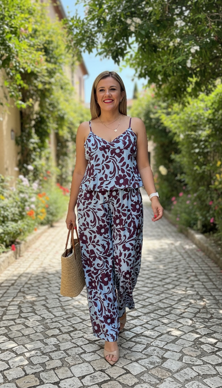 Conjunto Color Aqua con Estampados Guindos, de Blusa y Pantalón