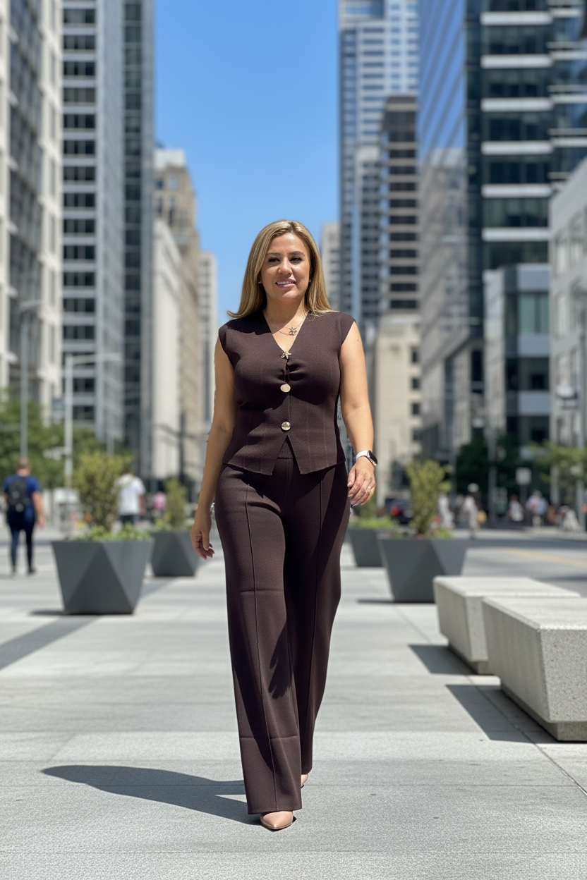 Conjunto Color Café de Chaleco con Botones Dorados y Pantalón