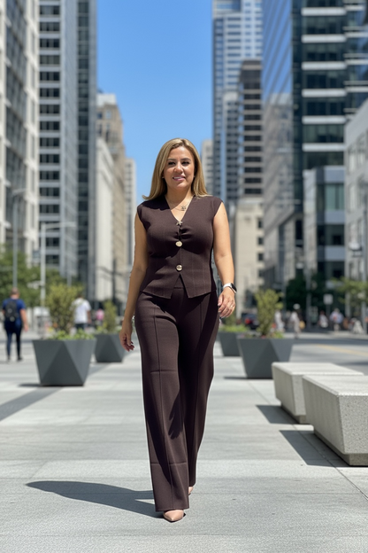 Conjunto Color Café de Chaleco con Botones Dorados y Pantalón