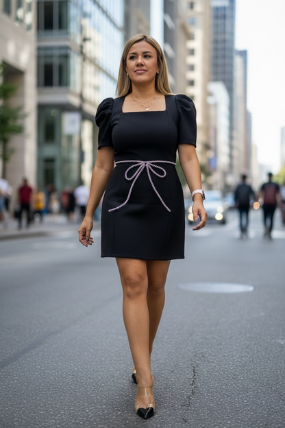 Vestido Negro de Manga Corta con Aplicación de Moño En Brillos