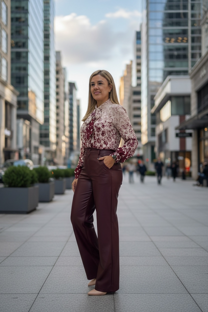 Blusa Guinda con Blanco Estampada de Manga Larga