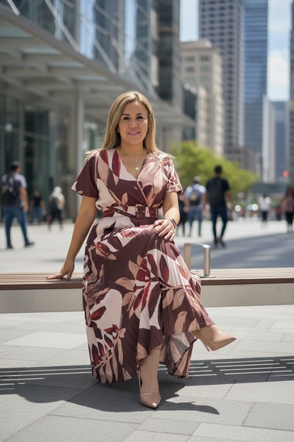 Vestido Estampado Cuello V de Manga Corta con Cinto