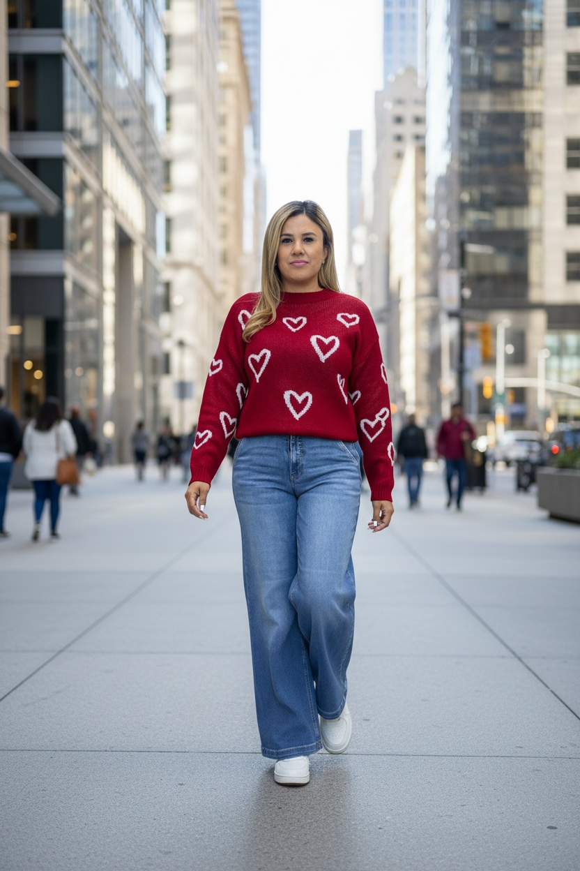 Suéter Rojo Cuello Redondo Estampado Corazones Blancos