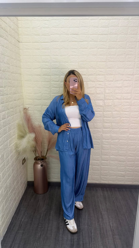 Conjunto Color Dark Wash de Blusa de Manga Larga y Pantalón