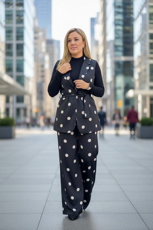 Conjunto Negro Estampado de Lunares Beige