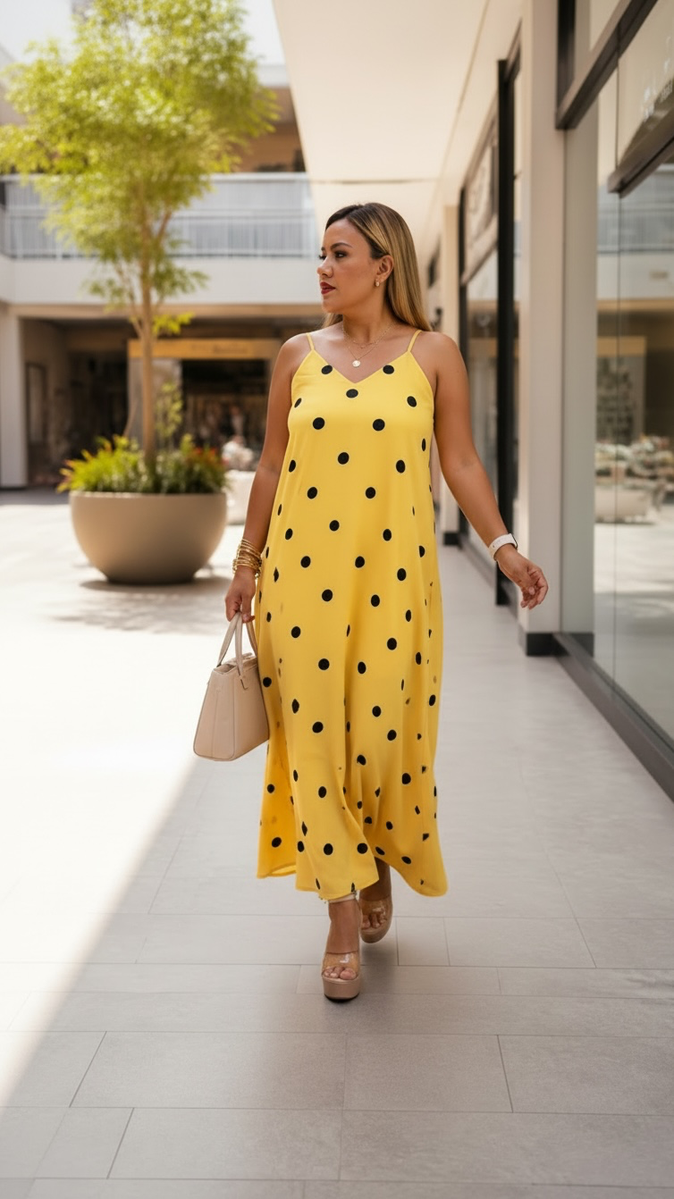 Vestido Amarillo de Tirantes con Estampado Lunares Negros