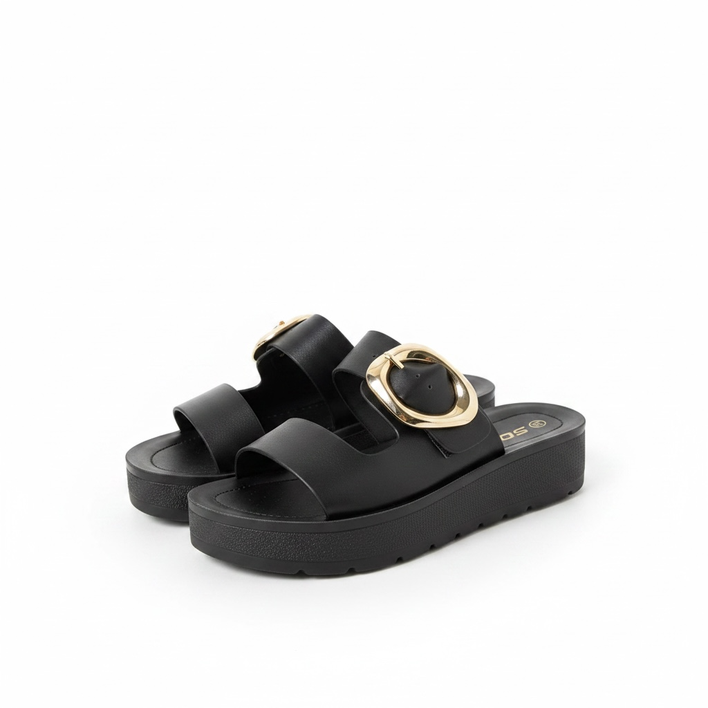 Chanclas Negras Con Hebilla Dorada