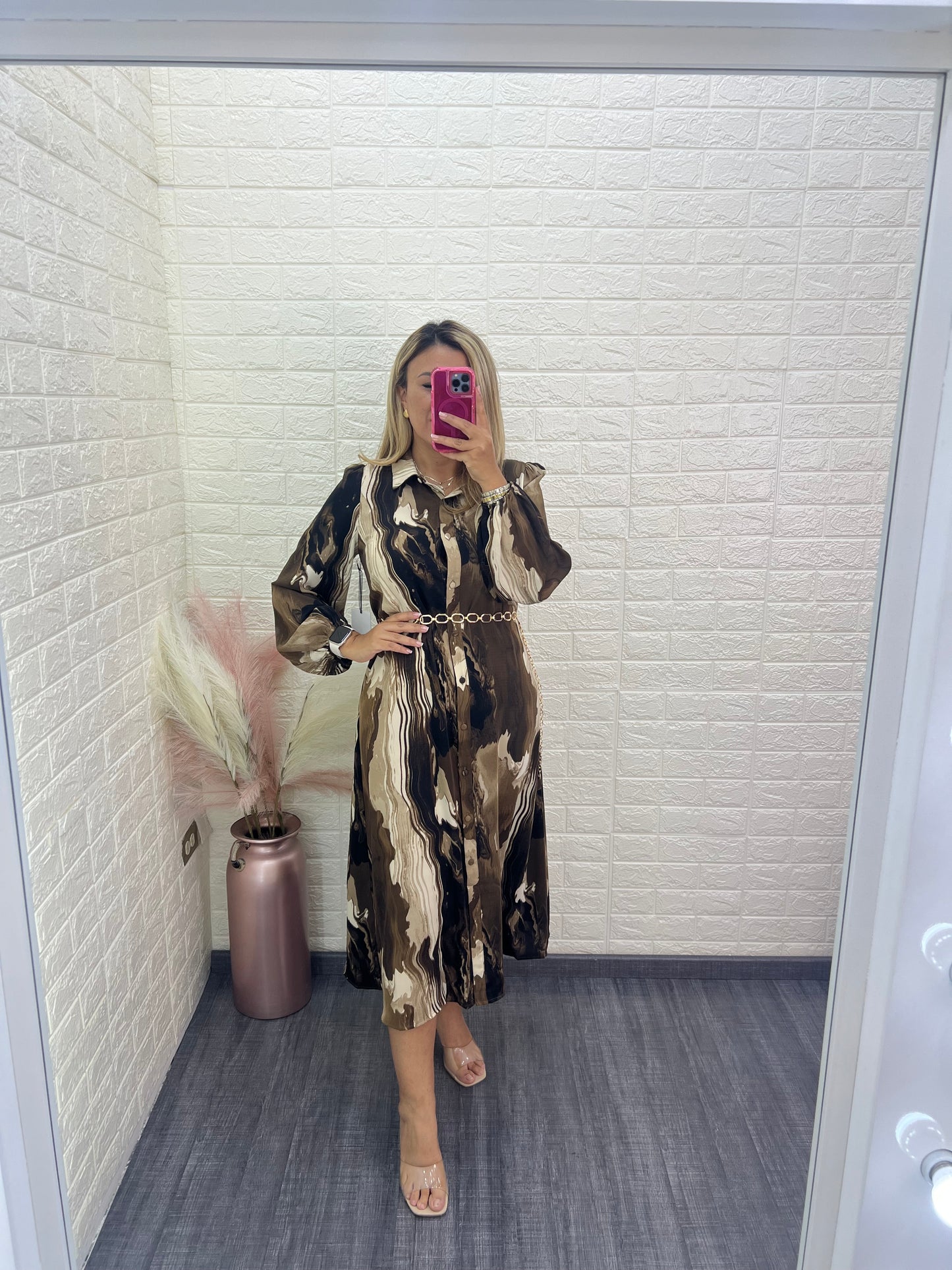 Vestido Estampado Café con Beige