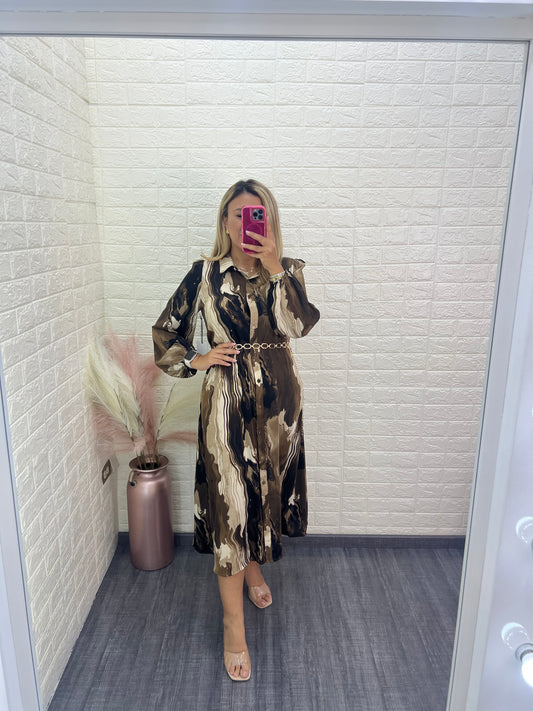 Vestido Estampado Café con Beige