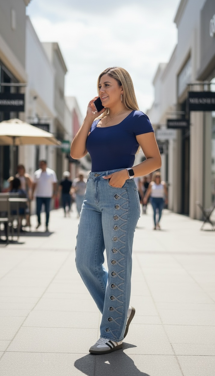Jeans de Mezcliia Azul con Aplicaciones y Botones Tipo Napoléon