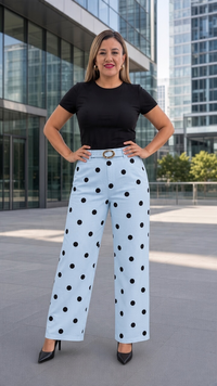 Pantalón Casual Sky Blue Estampado Polka Dots, Con Cinto