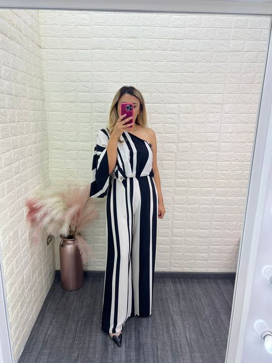 Jumpsuit A Rayas Negro con Blanco