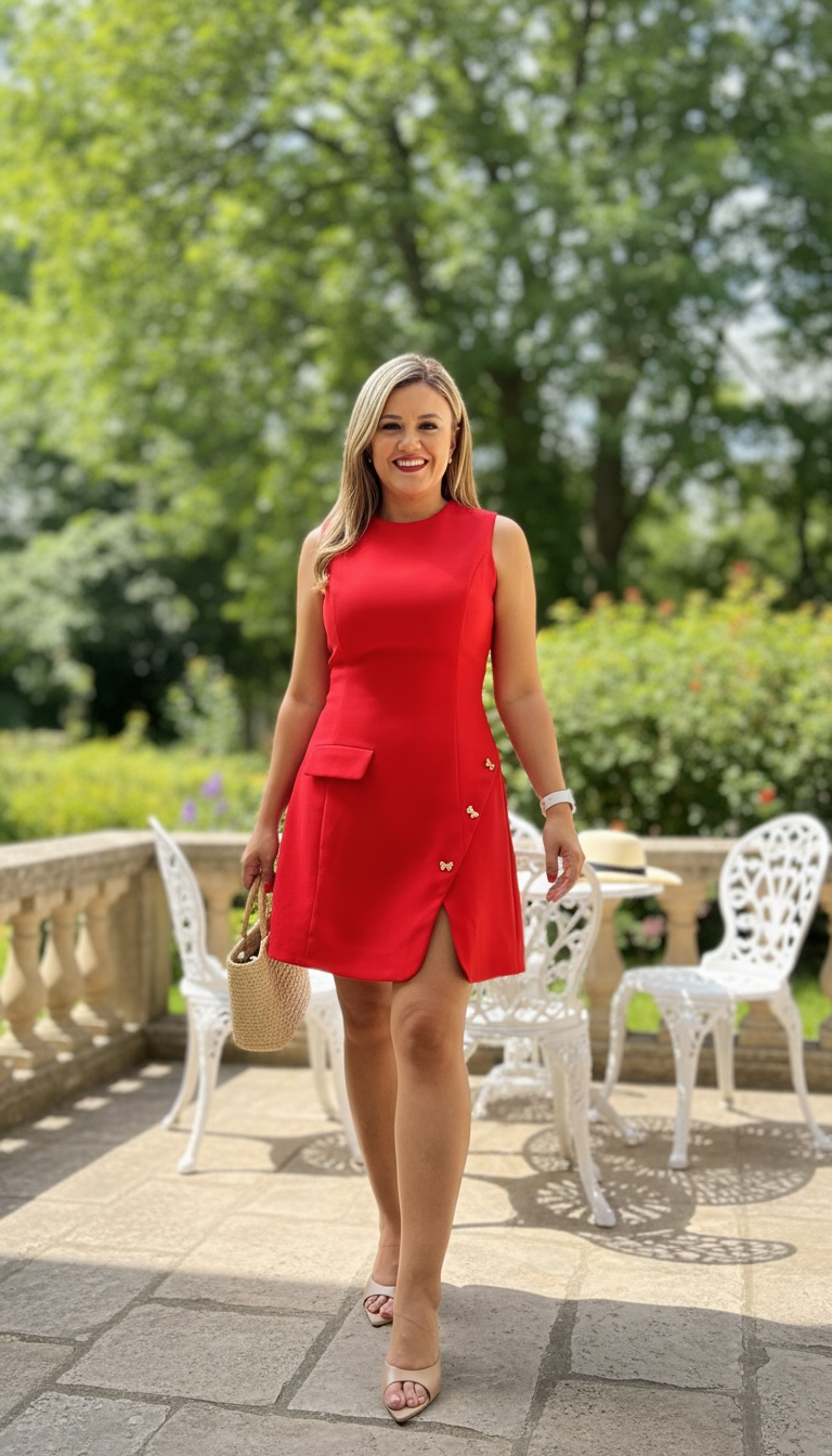 Vestido Rojo sin Mangas con Botones Dorados Decorativos