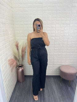 Jumpsuit Negro Satinado Straple con Aplicación de Brillos