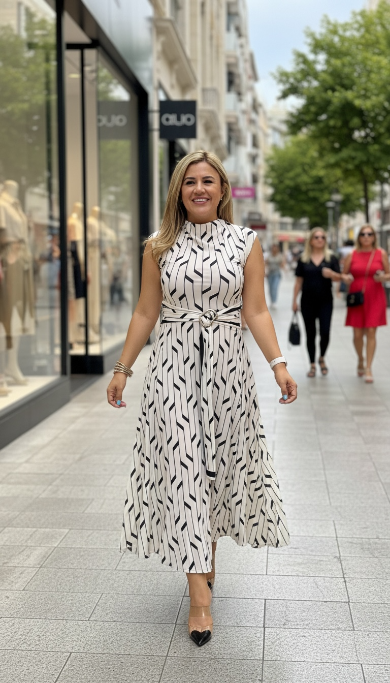 Vestido Largo Ivory Con Estampado a Rayas