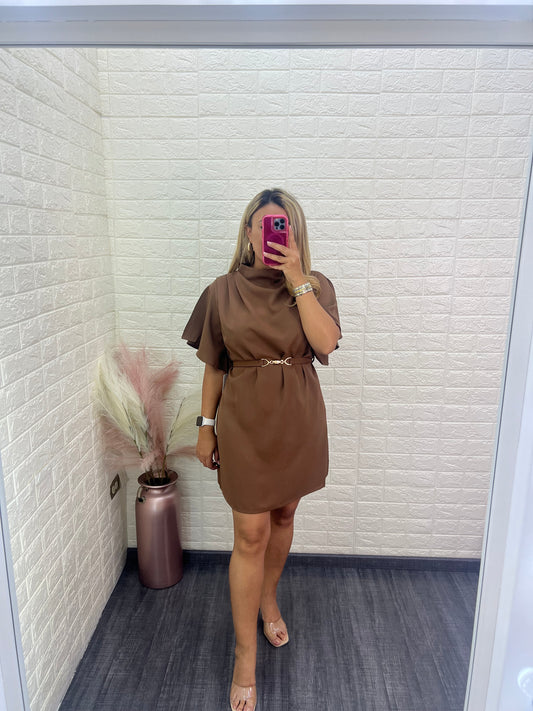 Vestido Café de Manga Corta con Cinto