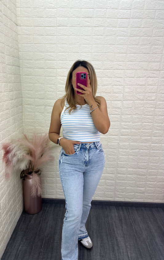 Blusa Básica de Resaque Blanca Rayas Azules