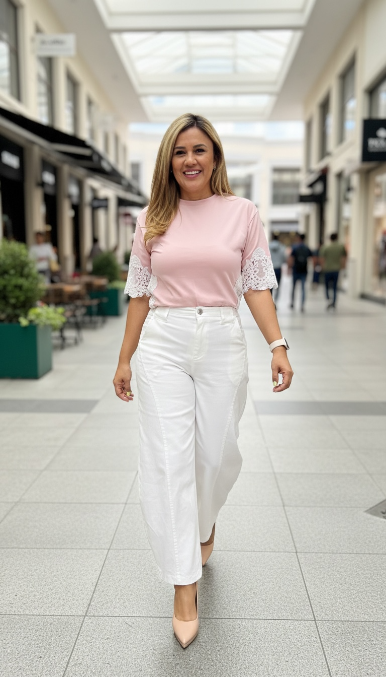 Blusa Rosa con Aplicaciones de Encaje Blanco