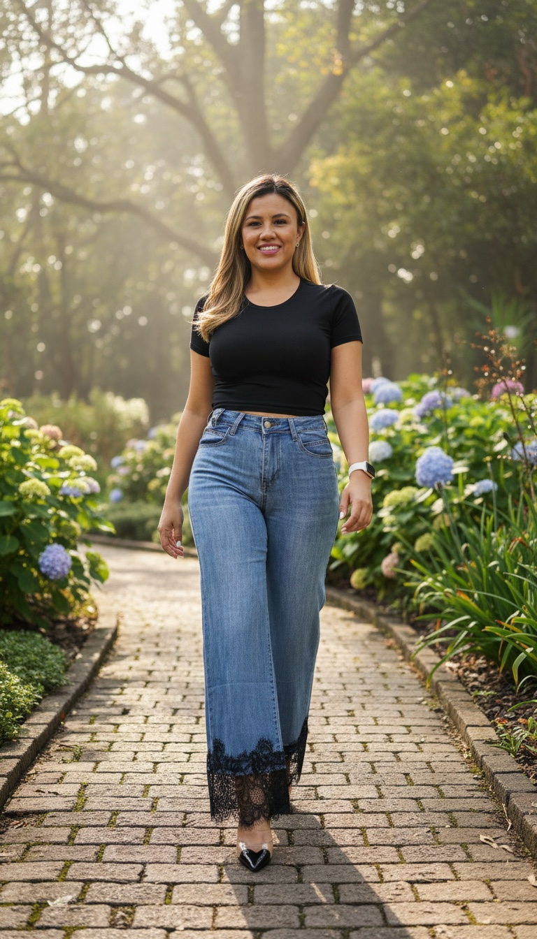 Jeans de Mezclilla con Encaje Negro en la Parte Inferior
